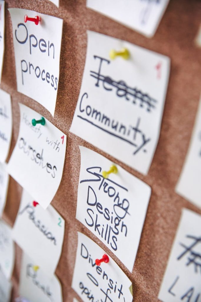 notes-on-board-3782226 Pinned notes on a corkboard showcasing team collaboration and design skills.